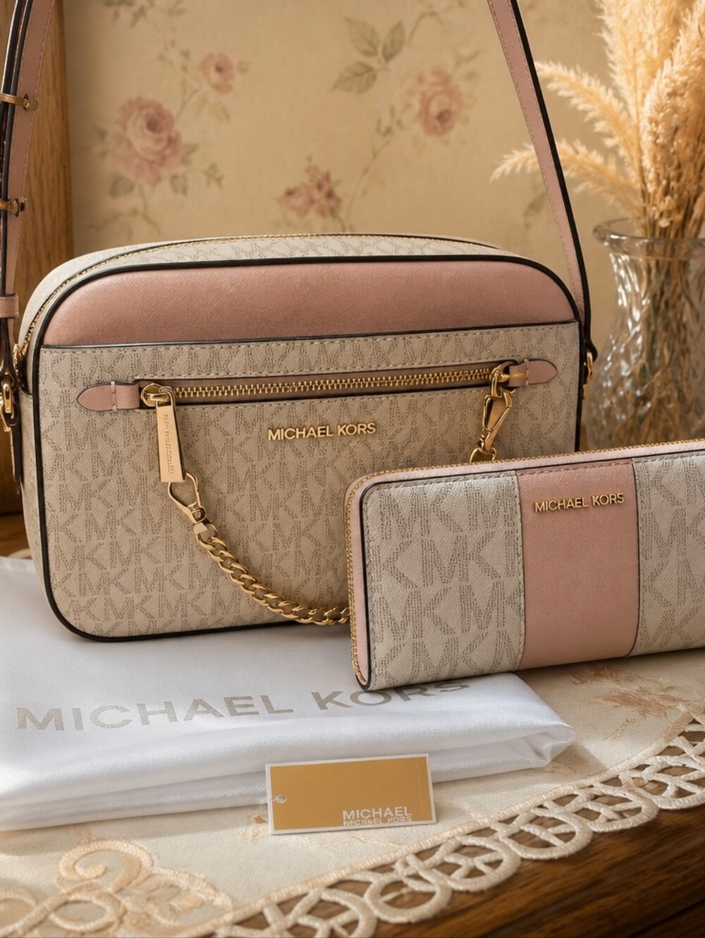 Michael Kors Jet Set Crossbody Handbag & Matching Wallet, Vanilla/Blush Pink